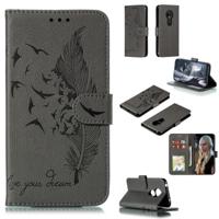 Feather patroon Litchi textuur horizontale Flip lederen draagtas met portemonnee & houder & kaartsleuven voor Motorola Moto G7 Play (grijs)