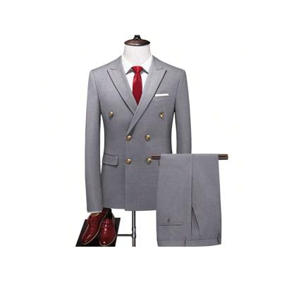Men's Double Breasted Slim Fit 2-Piece Business Suit - Navy Blue Light Grey / XXL