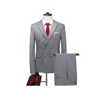 Men's Double Breasted Slim Fit 2-Piece Business Suit - Navy Blue Light Grey / XXL