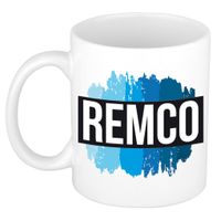 Naam cadeau mok / beker Remco met blauwe verfstrepen 300 ml   -