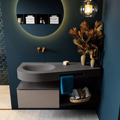 MONDIAZ RIVA 120cm badmeubel onderkast / planchet kleur Smoke met 1 lade. Wastafel DULCET links 0 kraangaten kleur Dark_Grey. MONDIAZ RIVA 120cm badmeubel onderkast / planchet kleur Smoke met 1 lade. Wastafel DULCET links 0 kraangaten kleur Dark_Grey.