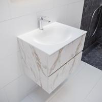 Mondiaz Vica Moon badmeubel wit carrara mat 60 cm 2 lades solid surface enkele spoelbak midden 1 kraangat