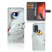 OnePlus Nord 2 5G Telefoonhoesje met Pasjes Witte Kat - thumbnail