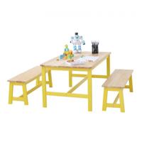 VEVOR kinderzitgroep, kindertafel, 2 banken, 1 tafel, kinderzitgroep van massief hout, kindertafelset, stabiel kindermeubel, zitmeubel voor kinderen, meisjes, jongens, speelkamer, kindermeubelset, geel