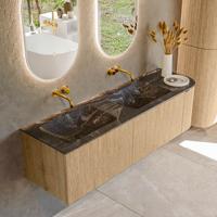 Badmeubel Mondiaz Kurve-Dlux | 155 cm | Meubelkleur Oak | Wastafelkleur Lava | Solid surface | Dubbele spoelbak | Zonder kraangat(en)