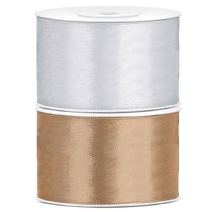 Set van 2 stuks sierlinten/cadeaulinten/satijnen linten goud en zilver 38 mm x 25 meter