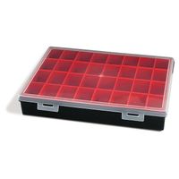 Opbergbox Tayg met 32 uitneembare bakjes zwart 330x247x54mm transparante deksel met afsluitclips