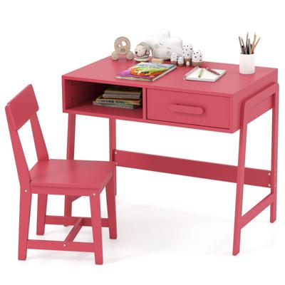 Bureau voor Kinderen met Stoel Kinderschrijfbureau Set van Hout Mooie Tafel met Lade & Opbergruimte Roze