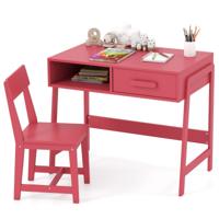 Bureau voor Kinderen met Stoel Kinderschrijfbureau Set van Hout Mooie Tafel met Lade & Opbergruimte Roze