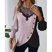 Dames Tuniek Kleurenblok Lapwerk nappi Dagelijks Elegant Casual Bisschop Lange mouw Strakke ronde hals Blozend Roze Lente Herfst Lightinthebox - thumbnail