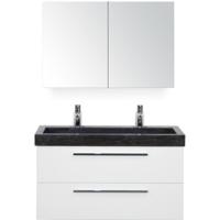 Seville Badmeubelset 100 cm - Wit Hoogglans - Wastafel Hardsteen Wit Lucca 2 Kraangaten met Spiegelkast