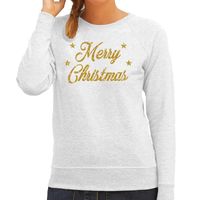 Kersttrui Merry Christmas gouden glitter letters grijs dames - thumbnail