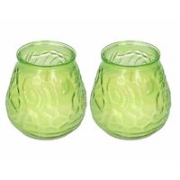 Windlicht geurkaars - 2x - groen glas - 48 branduren - citrusgeur - thumbnail