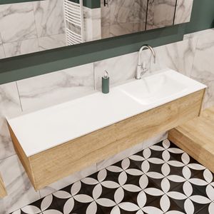 Mondiaz Lush Cloud badmeubel eiken licht 150 cm 1 lade solid surface enkele spoelbak rechts 1 kraangat