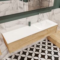 Mondiaz Lush Cloud badmeubel eiken licht 150 cm 1 lade solid surface enkele spoelbak rechts 1 kraangat