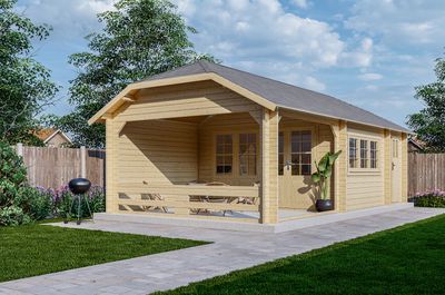 Blokhut W 440X340 cm + overkapping 300 cm + aanbouw 150 cm - geïmpregneerd Blokhut W 440X340 cm + overkapping 300 cm + aanbouw 150 cm - geïmpregneerd