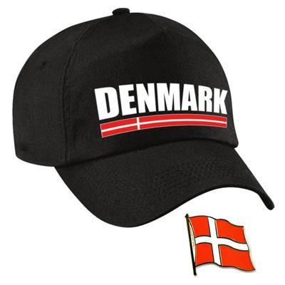 Denemarken supporters setje - baseballcap print zwart - colbert pin broche vlag - volwassenen
