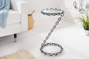 Design bijzettafel CHAINS 35cm zilver handgemaakt metalen rond glazen blad kettingframe - 42234