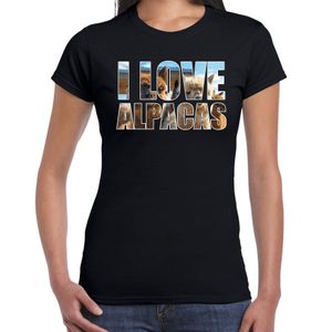 Tekst t-shirt I love alpacas met dieren foto van een alpaca zwart voor dames