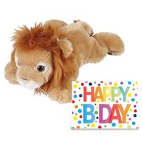 Verjaardag cadeau leeuw 25 cm met XL Happy Birthday wenskaart - thumbnail