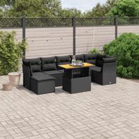 8-delige Loungeset met kussens poly rattan zwart