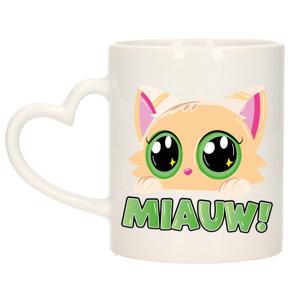 Cadeau koffie/thee mok - poes/kat - Miauw - creme - hartjes oor - keramiek - poesje