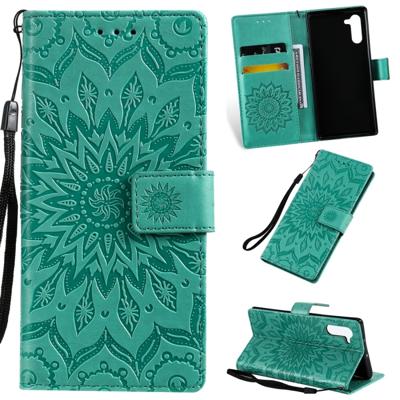Gedrukt afdrukken zonnebloem patroon horizontale Flip PU lederen case voor Galaxy Note 10 met houder & kaartsleuven & portemonnee & Lanyard (groen)
