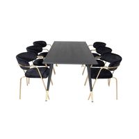 Dipp180x90BLBR eethoek eetkamertafel zwart en 6 Arrow eetkamerstal velours zwart.