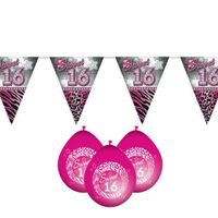 Sweet 16/Sixteen versiering pakket vlaggetjes/ballonnen roze - thumbnail