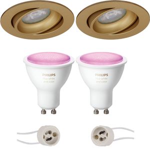 Pragmi Delton Pro - Inbouw Rond - Mat Goud - Kantelbaar - Ø82mm - Philips Hue - LED Spot Set GU10 - White and Color Ambiance - Bluetooth