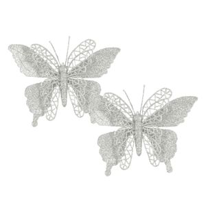 House of Seasons vlinders op clip - 2x stuks - zilver glitter - 16 cm