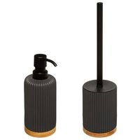 Toiletborstel met houder zwart 40 cm met zeeppompje 270 ml polyresin - Badkameraccessoireset - thumbnail