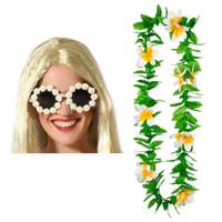 Tropische Hawaii party verkleed accessoires set - bloemen zonnebril - en bloemenkrans groen/wit - thumbnail