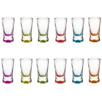 5Five Shotglaasjes - borrelglazen - set van 12x stuks - glas - gekleurde onderkant - 25 ml - shotjes