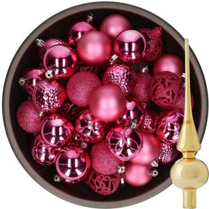 37x stuks kunststof kerstballen fuchsia roze 6 cm incl. glazen piek goud - Kerstbal
