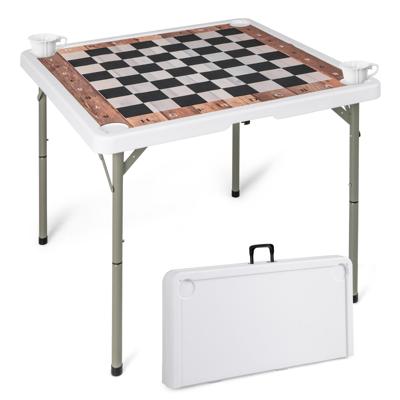 Opvouwbare Schaaktafel van 90 cm Vierkante Tafel met Afneembare Mat en 4 Bekerhouders Draagbare Kunststof Speeltafel met Draagbeugel