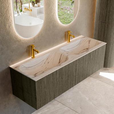 Badmeubel Mondiaz Kurve-Dlux | 140 cm | Meubelkleur Shadow | Wastafelkleur Nata | Solid surface | Wasbak beide zijden spoelbak | 2 kraangaten