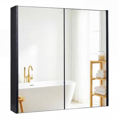 Badkamerkast met Twee Spiegeldeuren Spiegelkast met Planken Badkamerspiegel Wandgemonteerde Badkamerkast-Zwart