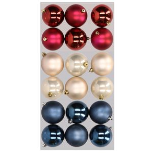 18x stuks kunststof kerstballen mix van donkerblauw, champagne en donkerrood 8 cm