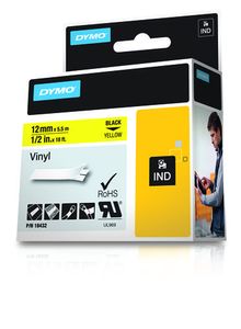 Dymo IND vinyllabels 12mm x 5,5m printlint 18432, Zwart op geel