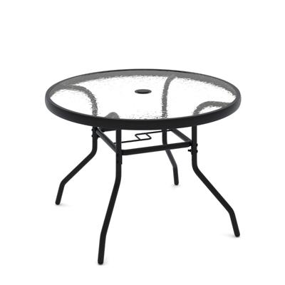 Patio Bijzettafel Tuintafel voor Buiten met Glazen Blad en φ4,2 cm Parasolgat Ronde Salontafel met Robuust Metalen Frame