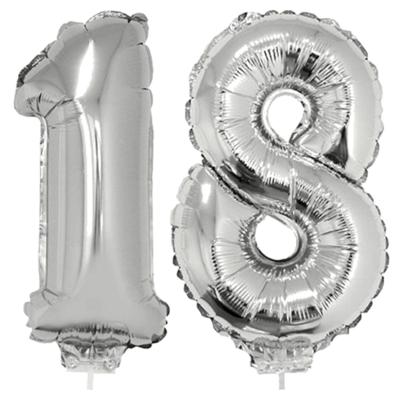 18 jaar leeftijd feestartikelen - versiering cijfers - ballonnen op stokje - van 41 cm - zilver 18 jaar leeftijd feestartikelen - versiering cijfers - ballonnen op stokje - van 41 cm - zilver
