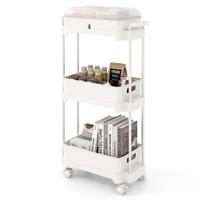 Opbergwagen met 3 Niveaus Afneembaar Deksel Frame van Aluminiumlegering Vergrendelbare Wielen voor Woonkamer Keuken Kantoor