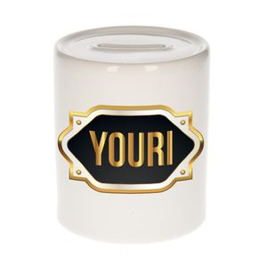 Naam cadeau spaarpot Youri met gouden embleem