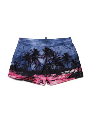 DSQUARED2 KIDS short de bain à imprimé palmier - Bleu