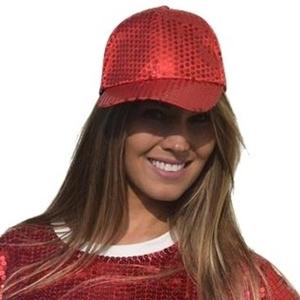 Glitter pailletten disco baseball cap/ petje - Rood - Dames - Verkleed/ carnaval accessoires