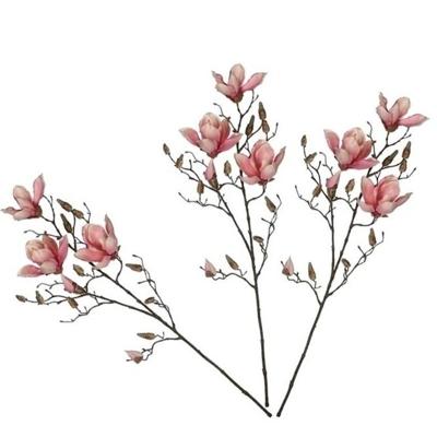 Mica Decorations Kunstbloem - 3x - magnolia beverboom - roze - 80 cm - kunsttak