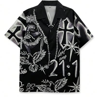 Men's Short Sleeve Floral and Abstract Print Casual Lapel Shirt Black / XS