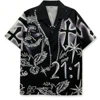 Men's Short Sleeve Floral and Abstract Print Casual Lapel Shirt Black / XS