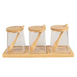 Clayre & Eef Voorraadpot Set van 3 7x7x10 cm Transparant Glas Hout